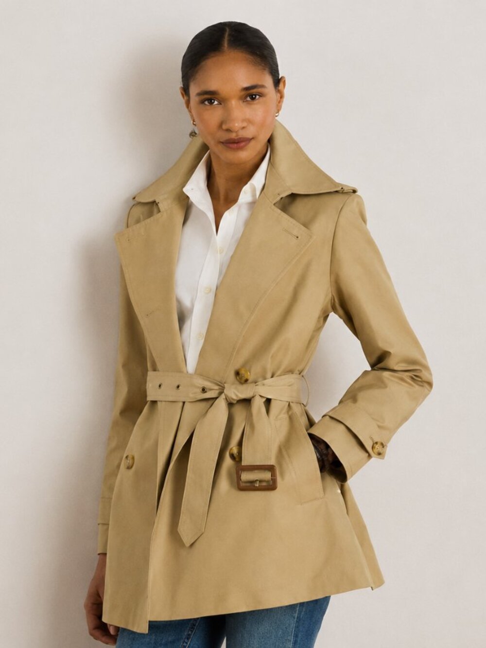 Lauren Ralph Lauren Camel Double-Breasted Short Trench Coat Large Slim Fit
